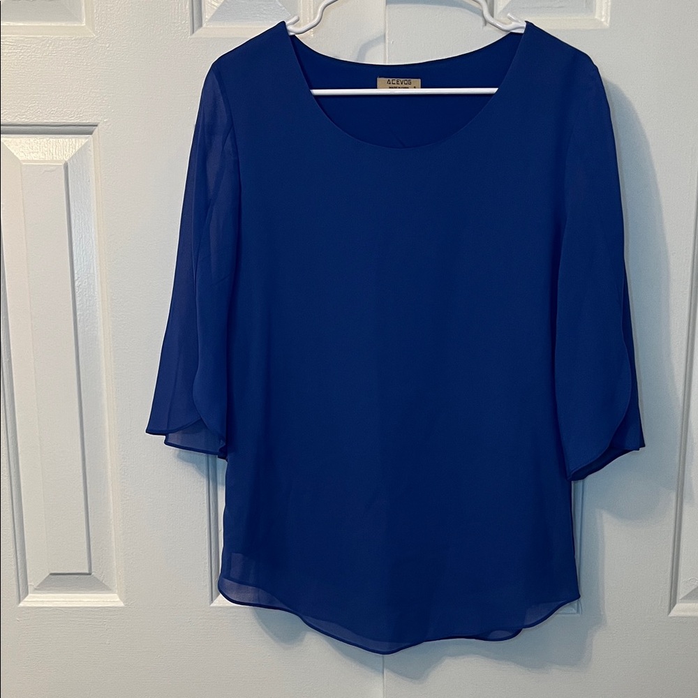 ACEVOG Casual Scoop Neck Loose Top 3/4 Sheer Sleeve Chiffon Blouse Blue Size S